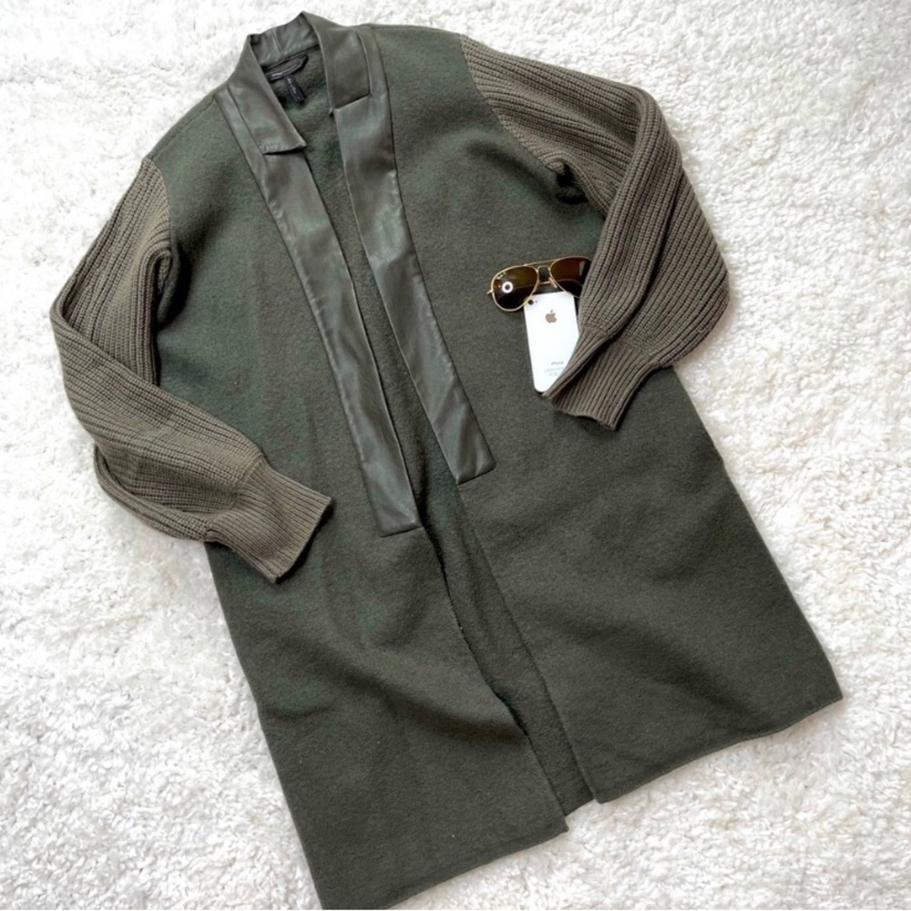 BCBG Open Duster Sweater Jacket Leather Accent